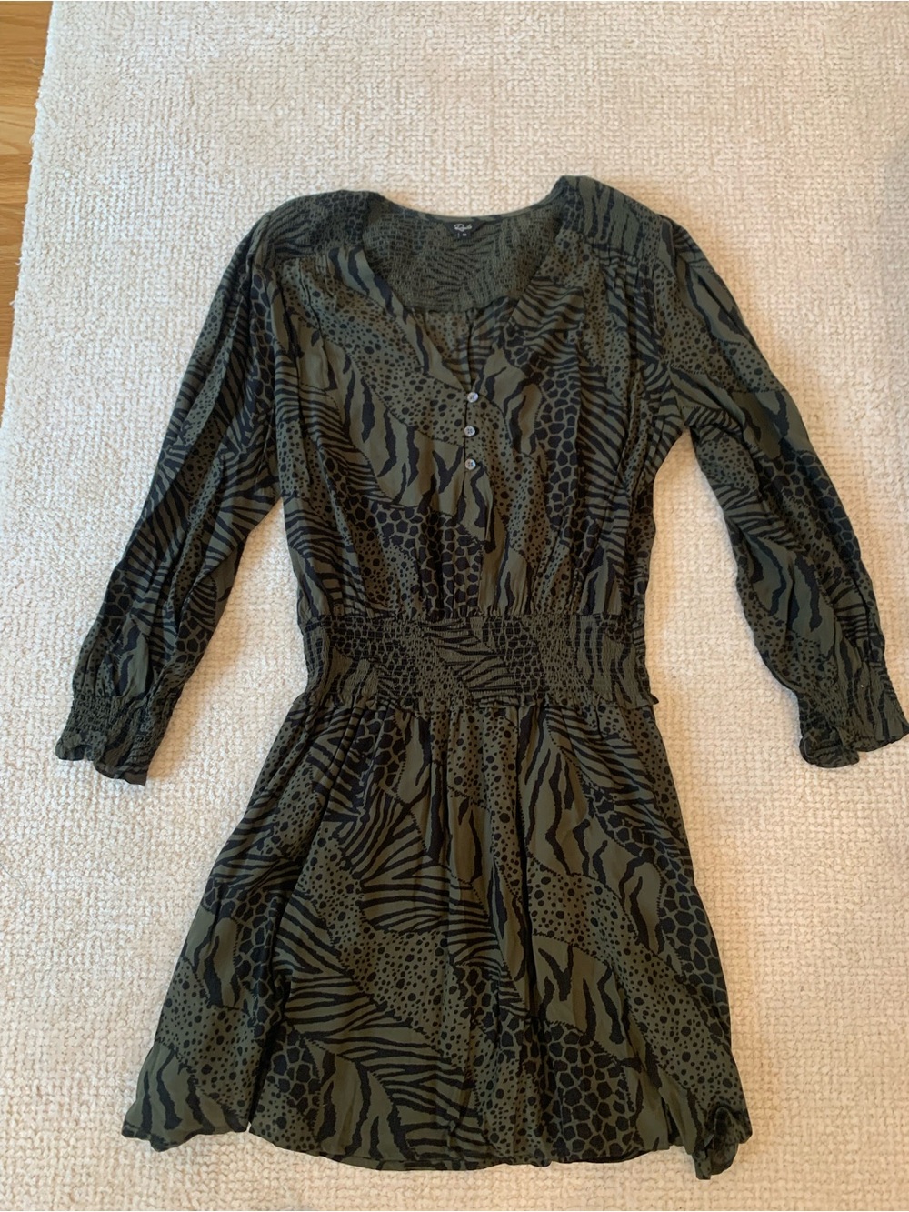 Rails Olive Green and Black Animal-Print Long Sleeve Dress